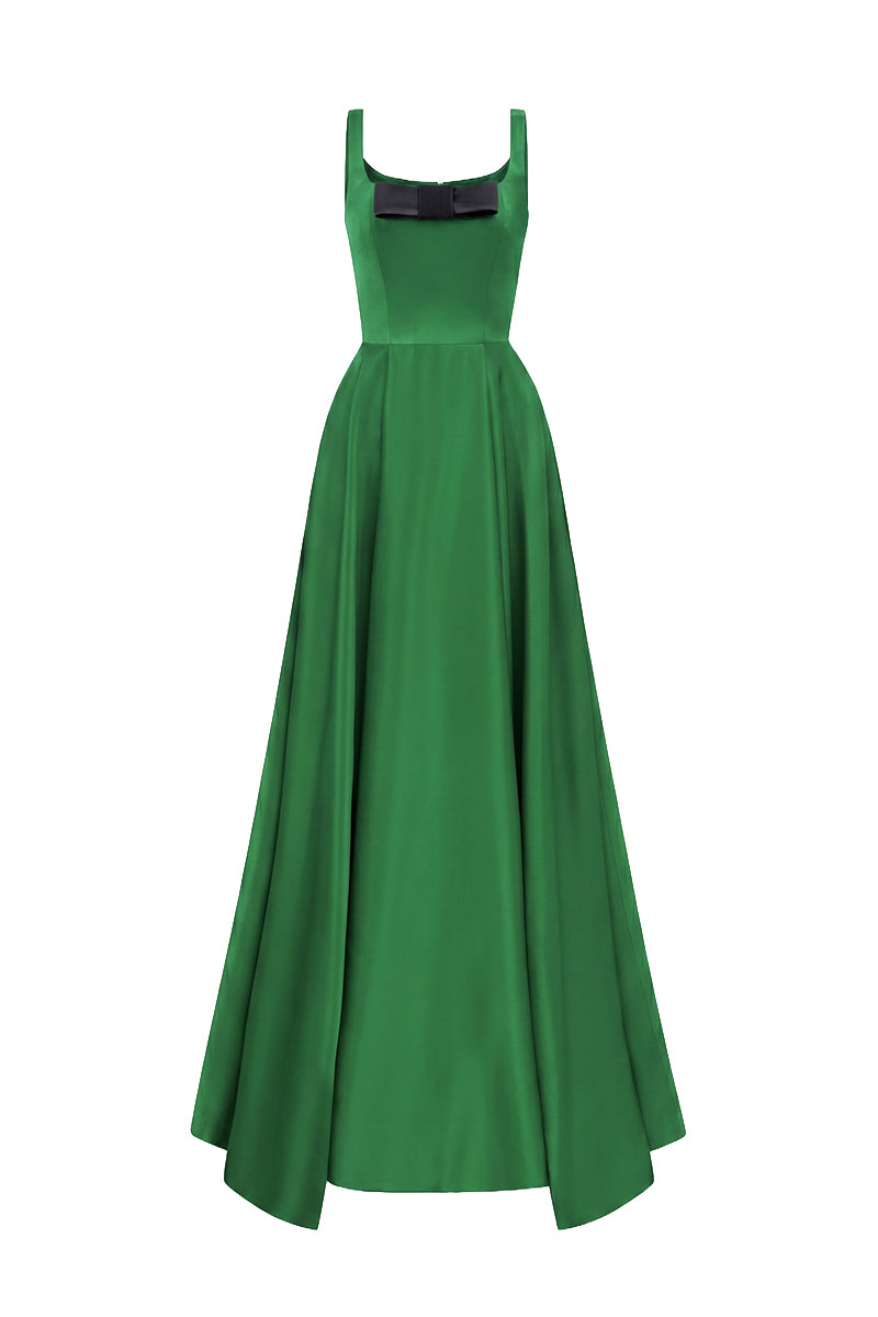 Green Taffeta A-Line Dress With A Square Neckline