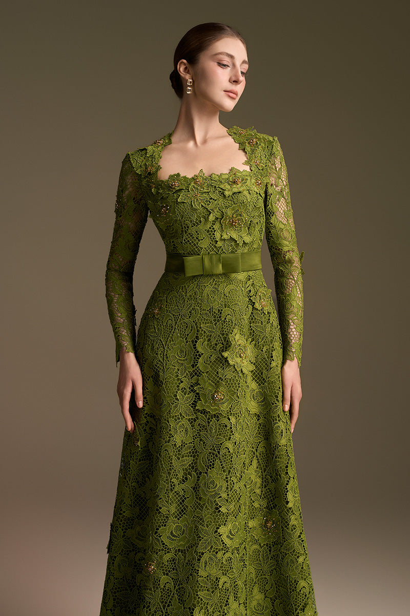 Trapeze Neck A-line Gown With Long Sleeves In Guipure Lace