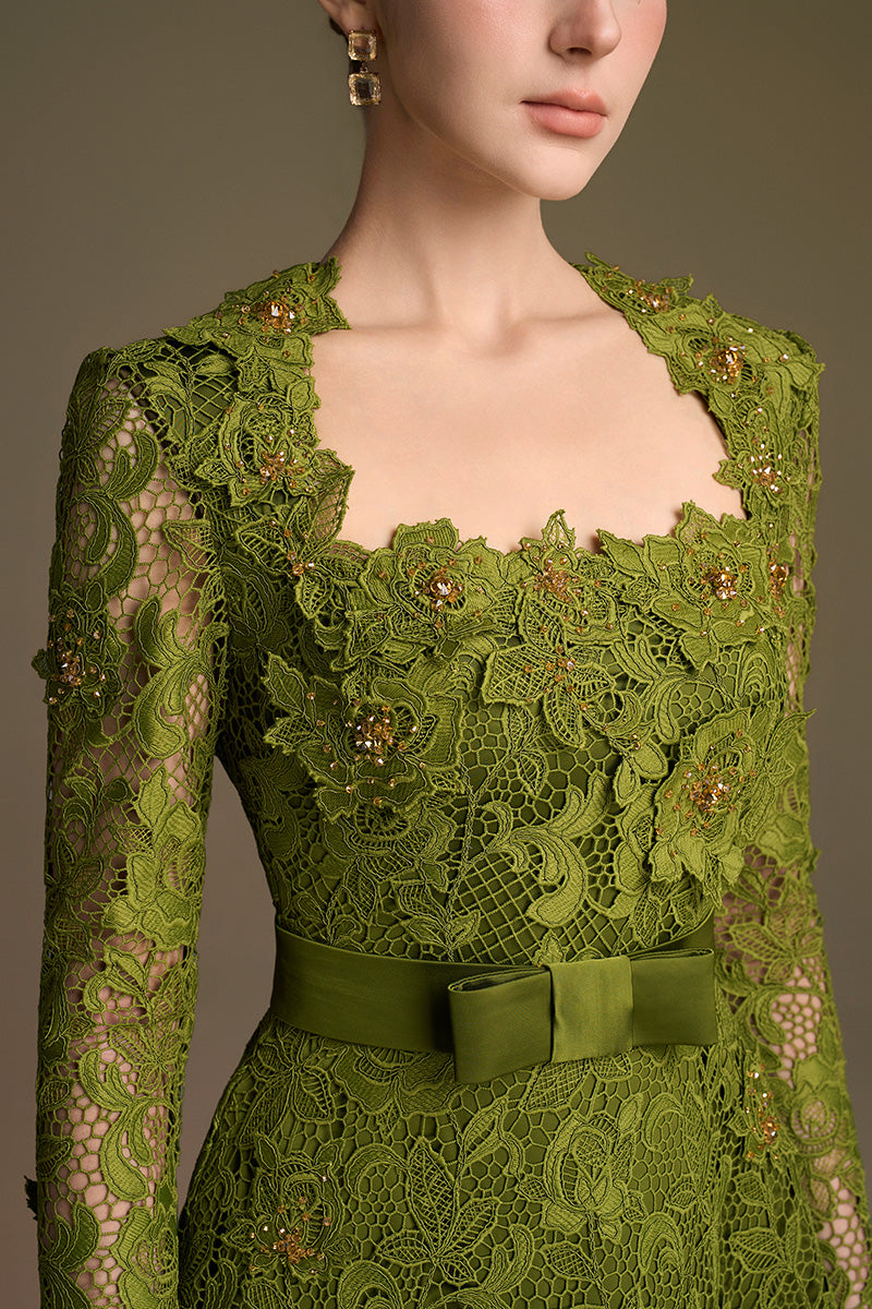 Trapeze Neck A-line Gown With Long Sleeves In Guipure Lace
