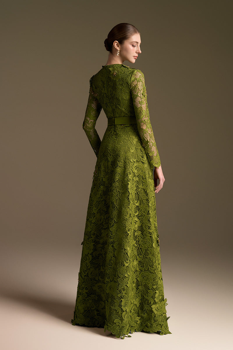 Trapeze Neck A-line Gown With Long Sleeves In Guipure Lace