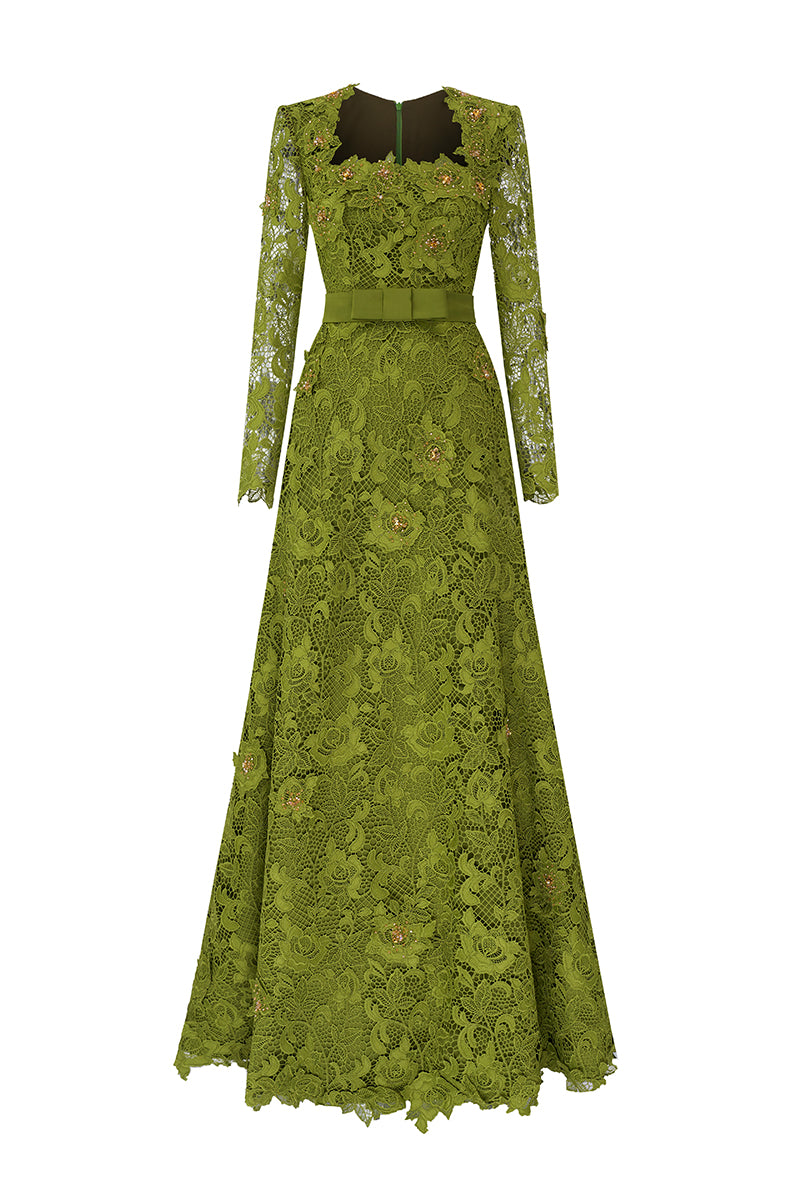 Trapeze Neck A-line Gown With Long Sleeves In Guipure Lace