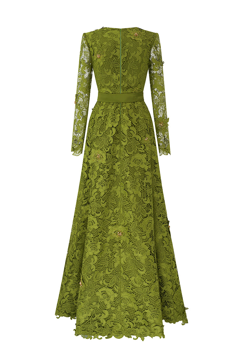 Trapeze Neck A-line Gown With Long Sleeves In Guipure Lace