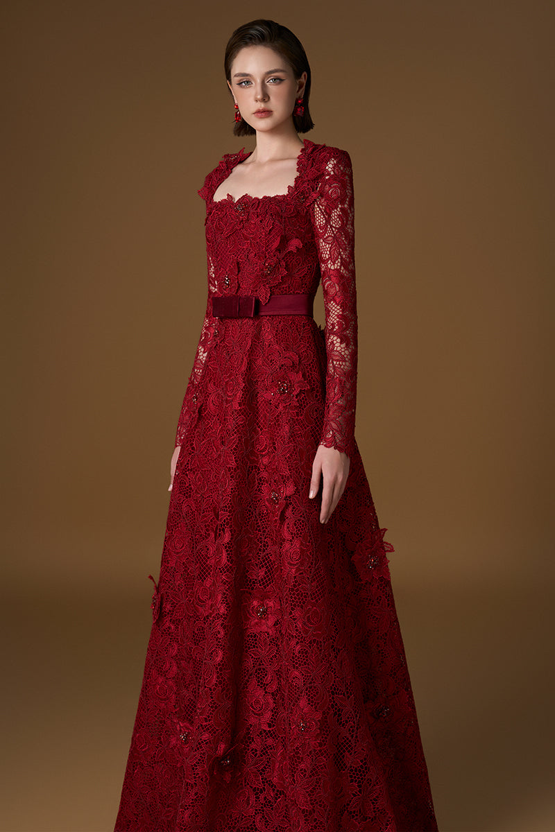 Trapeze Neck A-line Gown With Long Sleeves In Red Guipure Lace