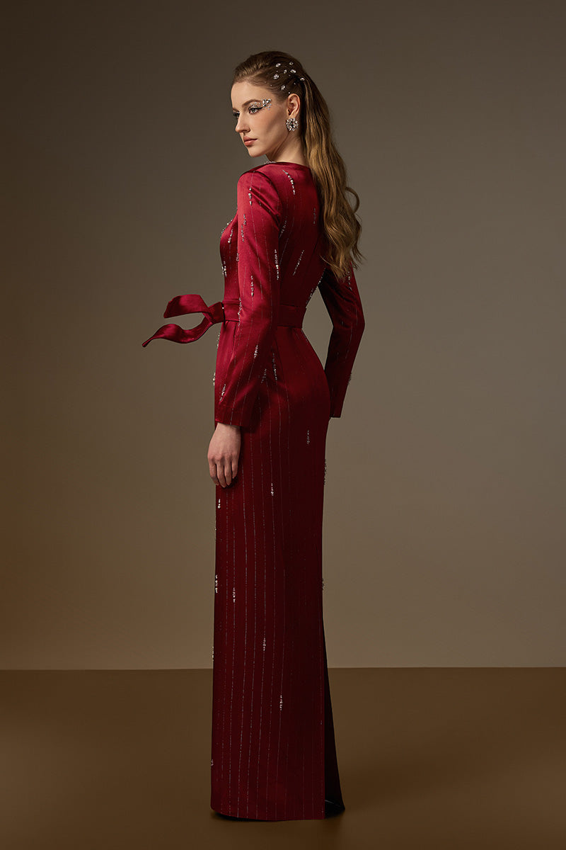 Trapeze Neck Column Gown With Belt Resembling A Wind-Blown Train In Red Metallic Striped Silk