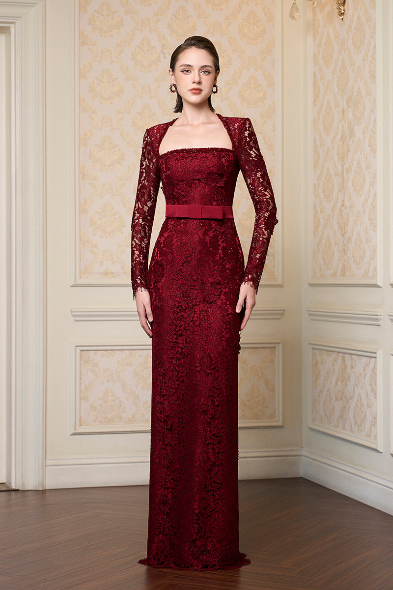 Trapeze Neck Column Gown With Long Sleeves In Dark Red French Lace