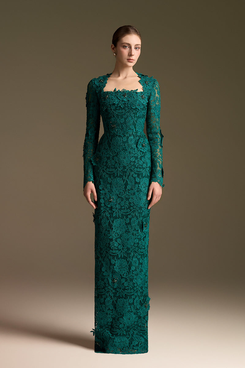 Trapeze Neck Column Gown With Long Sleeves In Guipure Lace