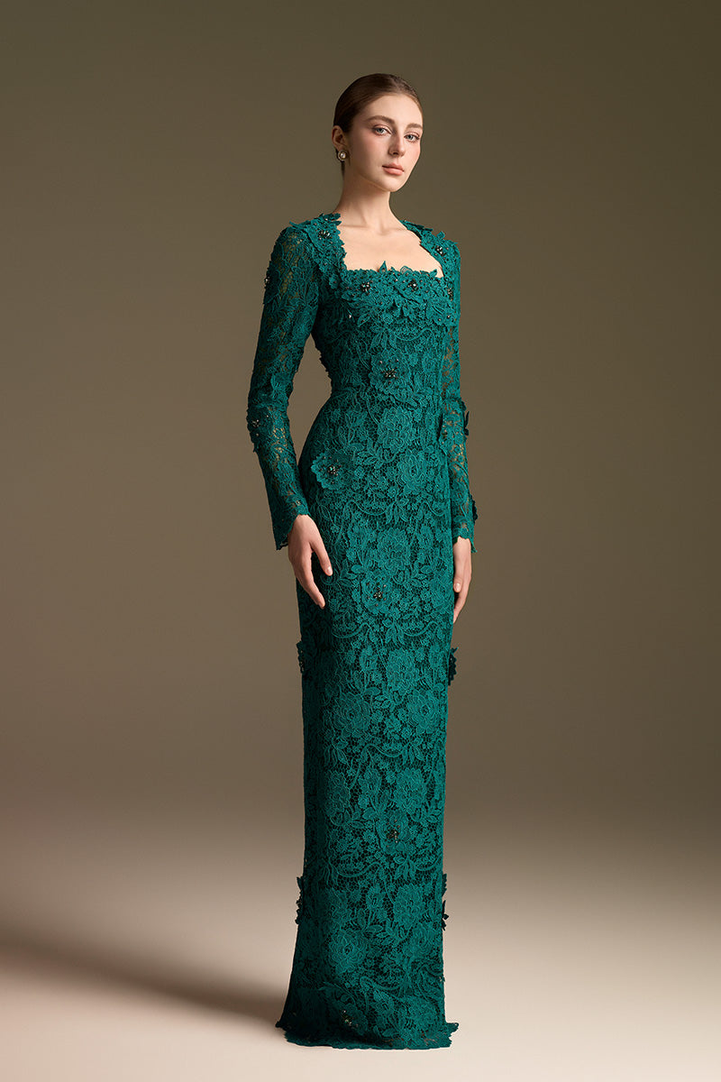 Trapeze Neck Column Gown With Long Sleeves In Guipure Lace