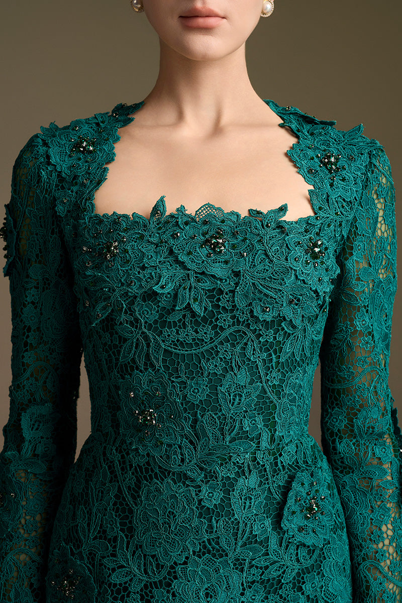 Trapeze Neck Column Gown With Long Sleeves In Guipure Lace