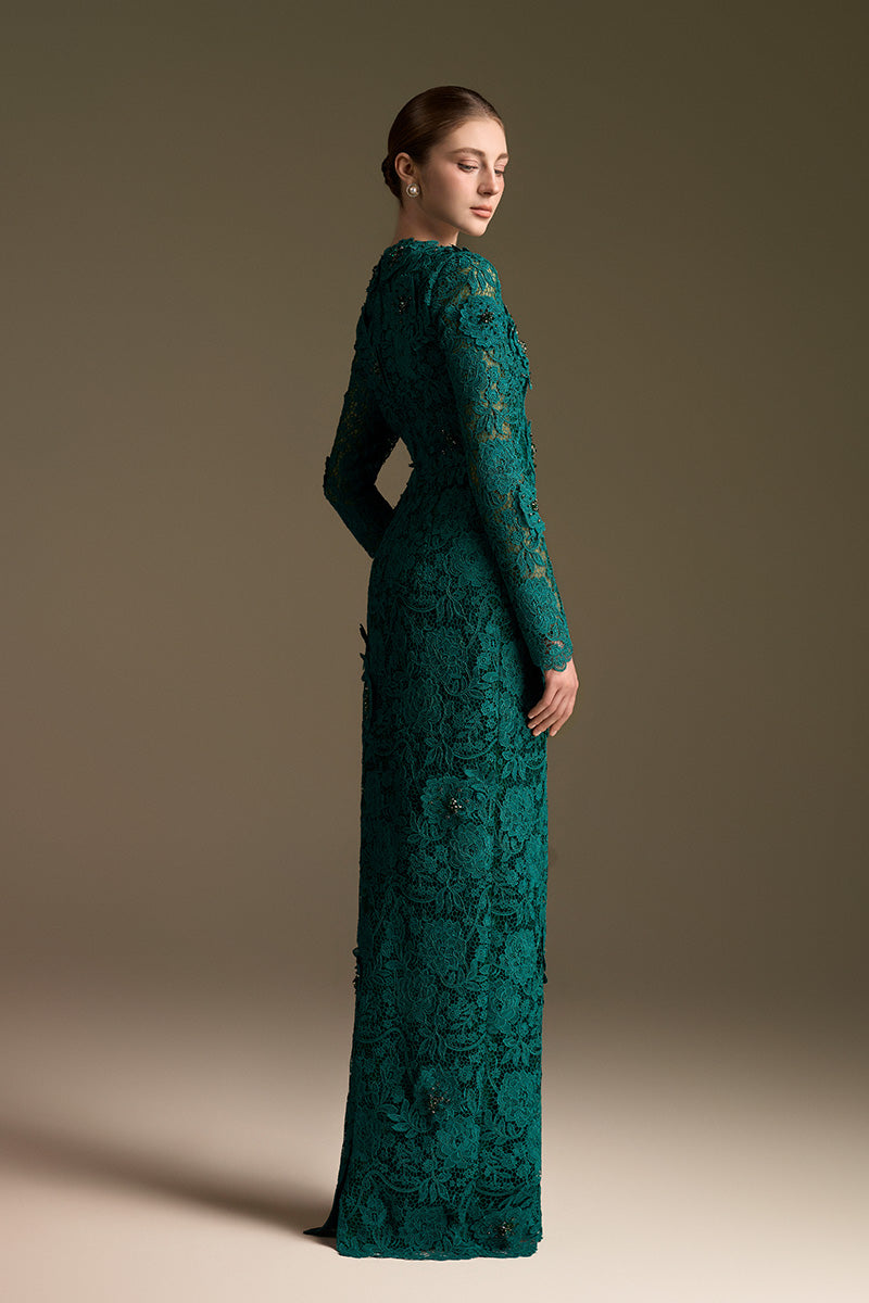 Trapeze Neck Column Gown With Long Sleeves In Guipure Lace