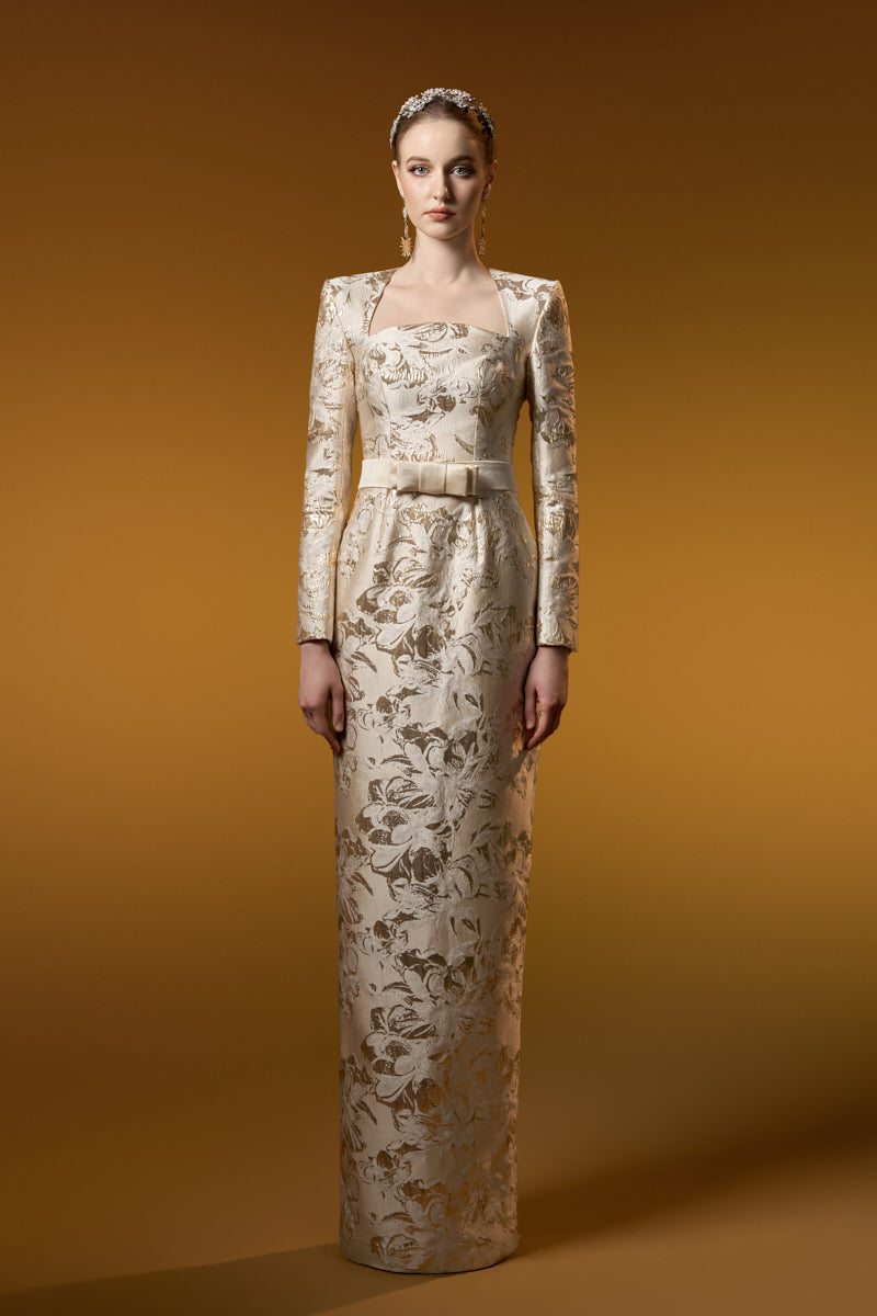 Trapeze Neck Column Gown With Long Sleeves In Jacquard