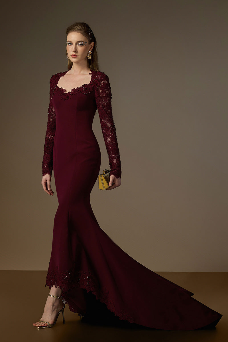 Trapeze Neck Mermaid Gown With Mullet Details In Burgundy Crepe And Floral Garden Mesh Lace