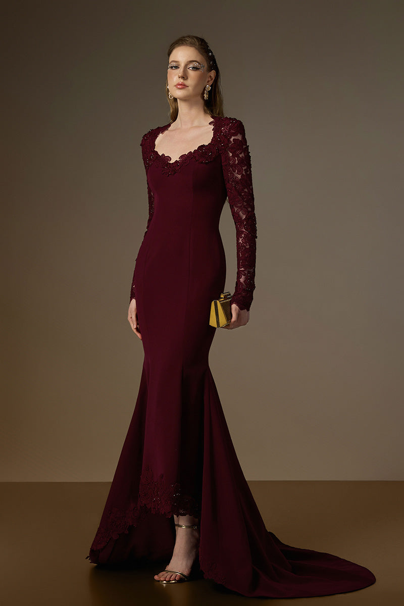 Trapeze Neck Mermaid Gown With Mullet Details In Burgundy Crepe And Floral Garden Mesh Lace