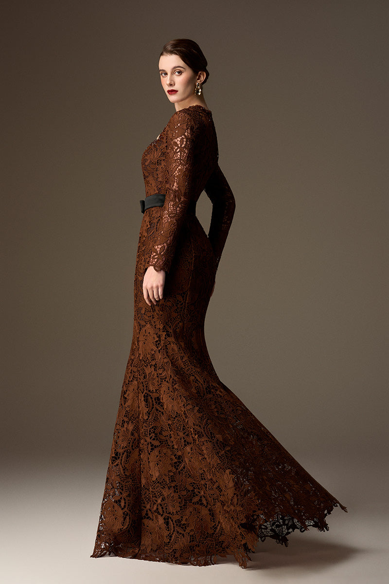 Trapeze Neck Mermaid Gown With Waist Belt In Cocoa Brown Lily Floral Lace