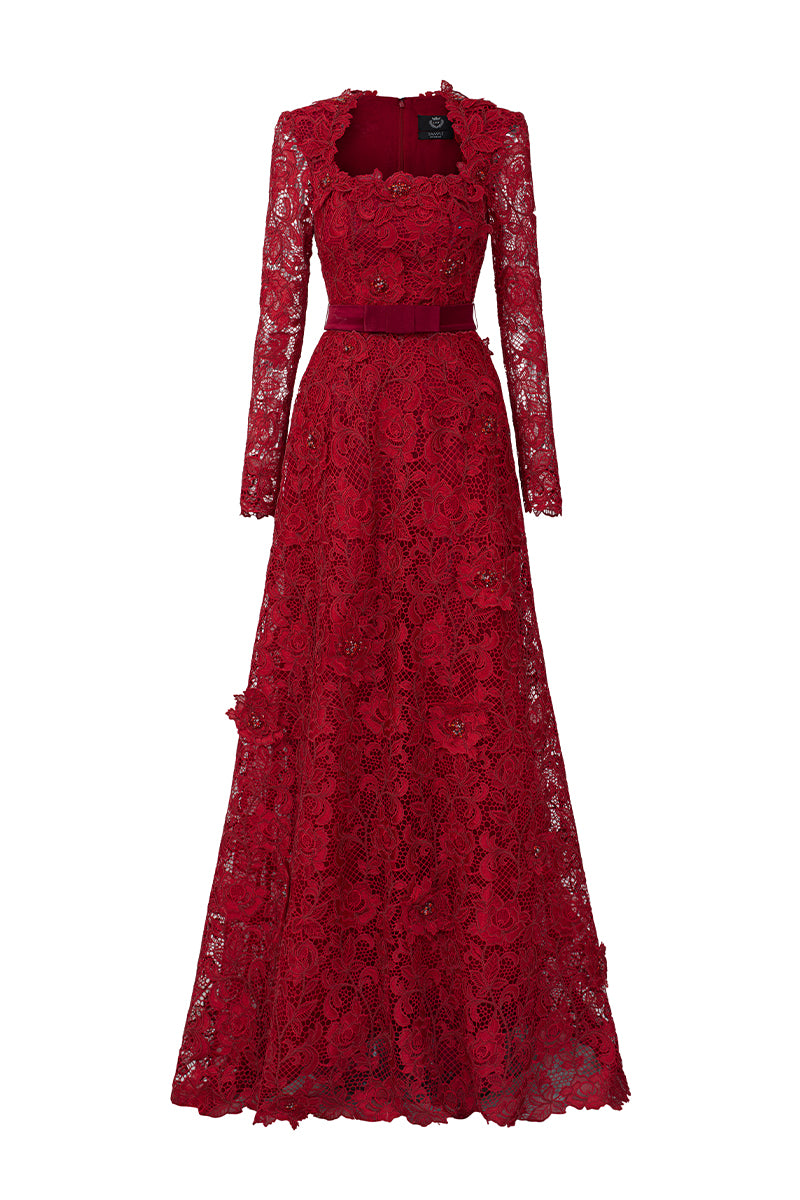 Trapeze Neck A-line Gown With Long Sleeves In Red Guipure Lace