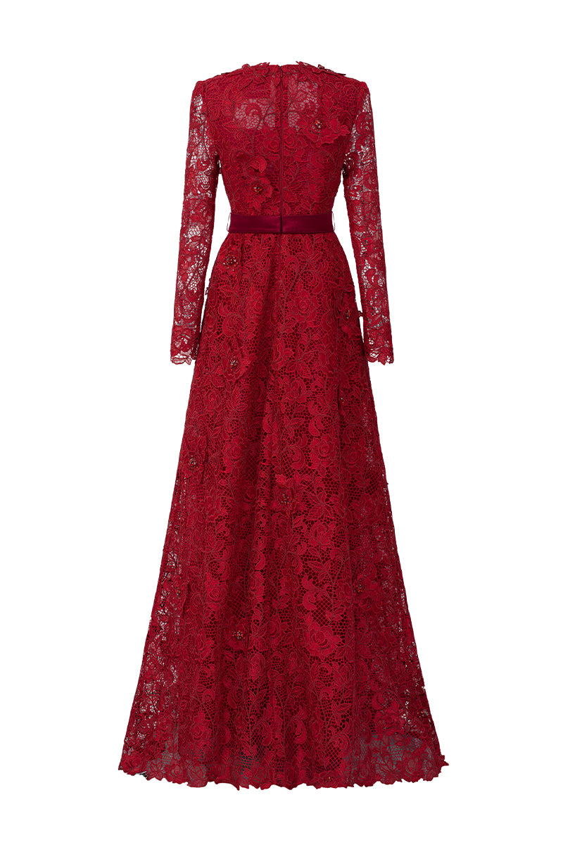 Trapeze Neck A-line Gown With Long Sleeves In Red Guipure Lace
