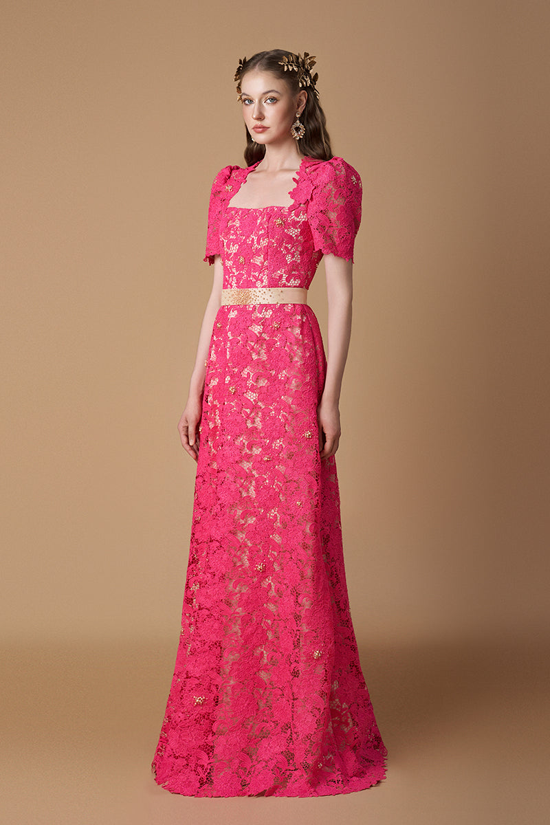 Trapeze Neck A-line Gown With Short Sleeves In Pink Guipure Lace