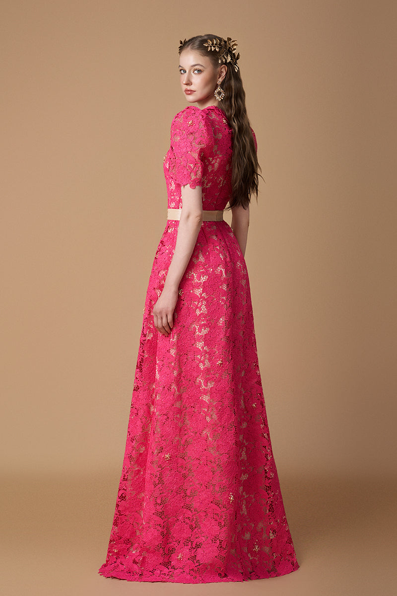 Trapeze Neck A-line Gown With Short Sleeves In Pink Guipure Lace