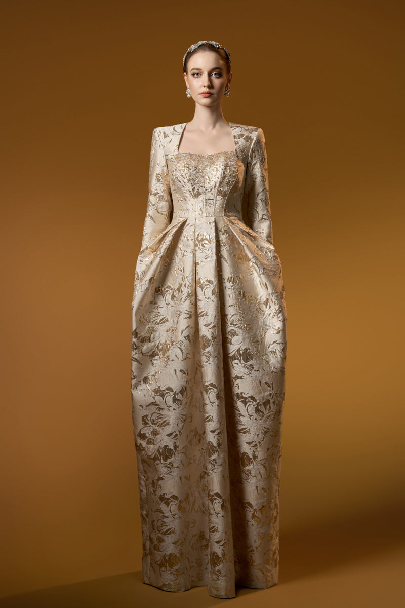 Trapeze Neck Ballgown With Long Sleeves In Jacquard