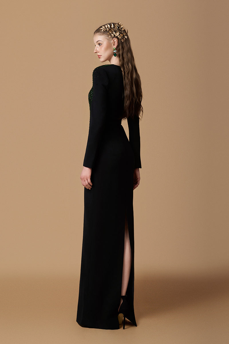 Trapeze Neck Column Gown With Long Sleeves In Black Crepe & Green Crystals