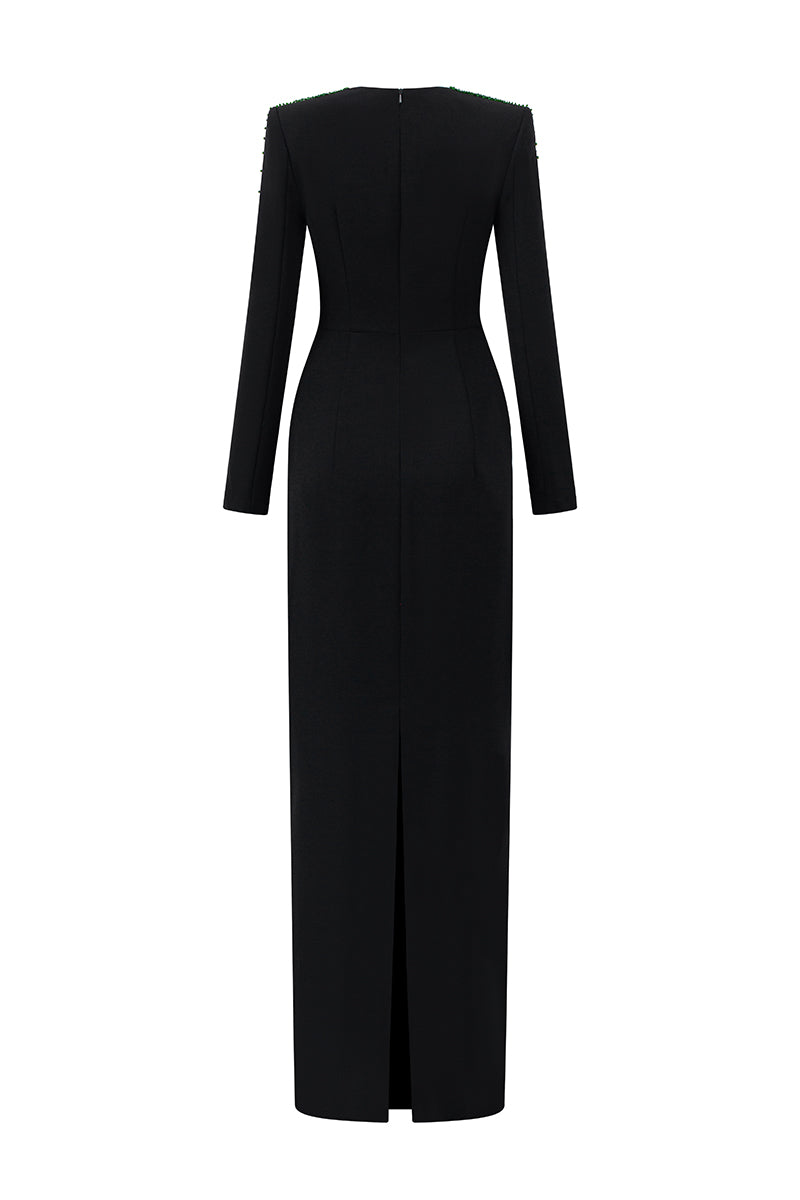 Trapeze Neck Column Gown With Long Sleeves In Black Crepe & Green Crystals