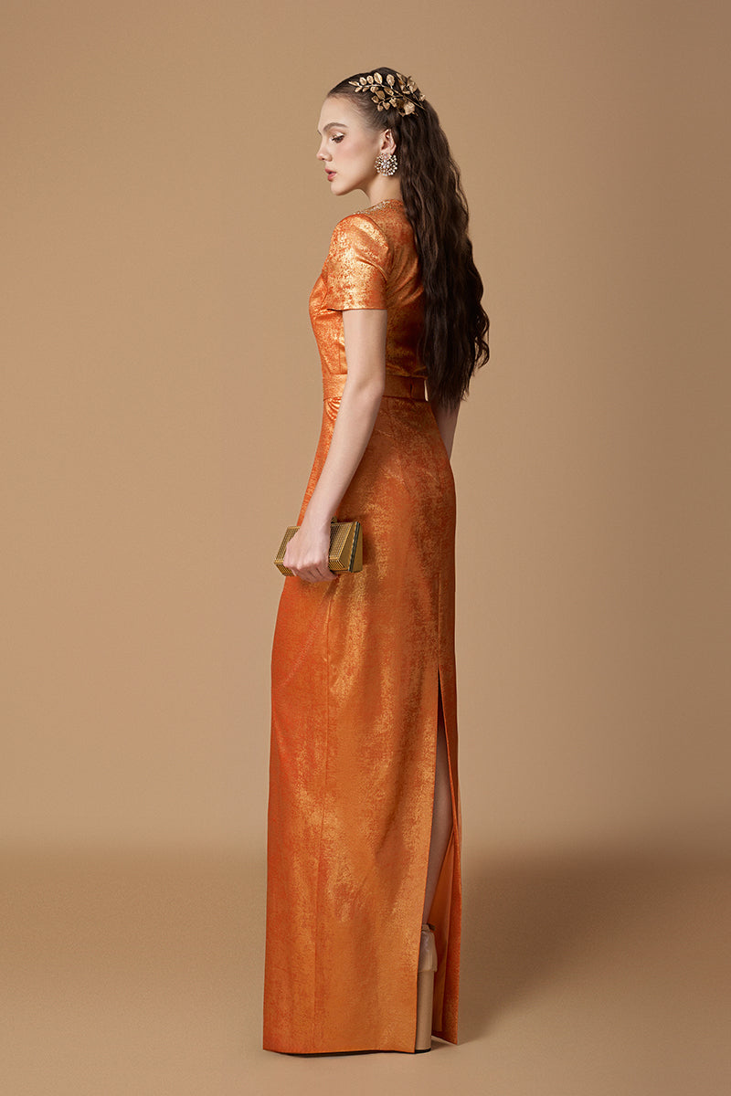 Trapeze Neck Column Gown With Short Sleeves In Orange Metallic Silk