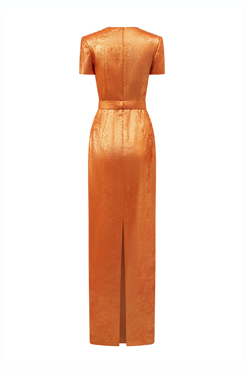 Trapeze Neck Column Gown With Short Sleeves In Orange Metallic Silk