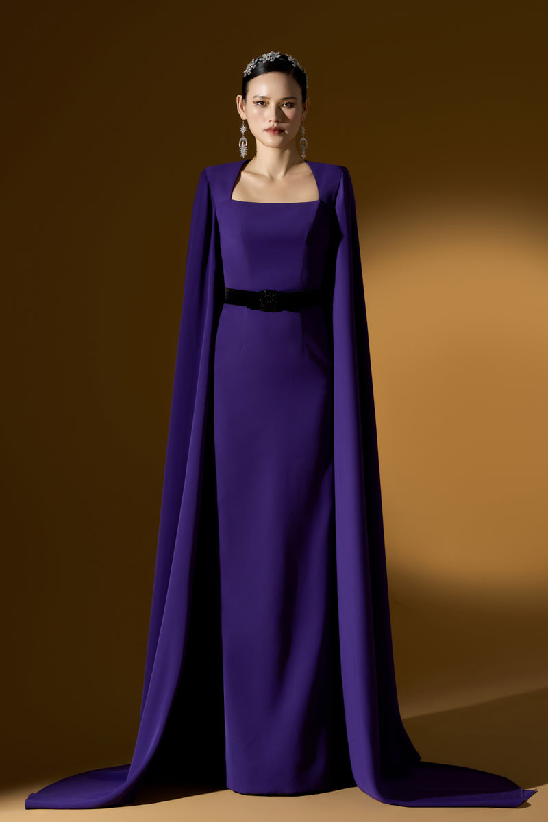 Trapeze Neck Column Gown With Long Cape Sleeves