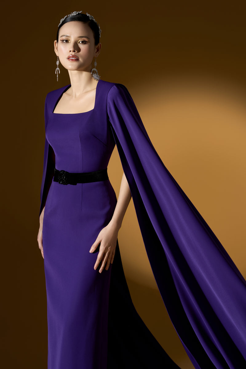 Trapeze Neck Column Gown With Long Cape Sleeves