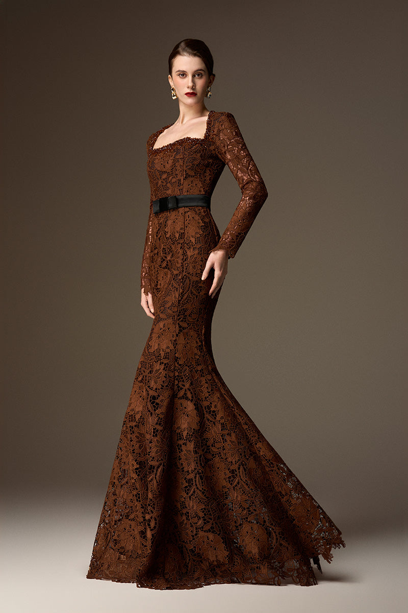 Trapeze Neck Mermaid Gown With Waist Belt In Cocoa Brown Lily Floral Lace