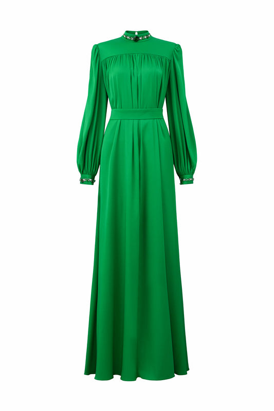 Tunic Evening Gown With High Neckline And Bouffant Sleeves