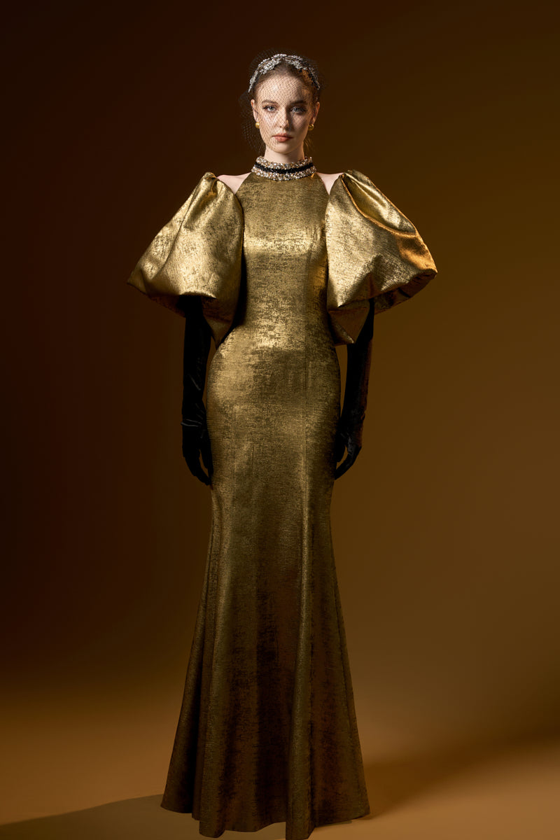 Turtleneck Collar Mermaid Gown With Puff Sleeves