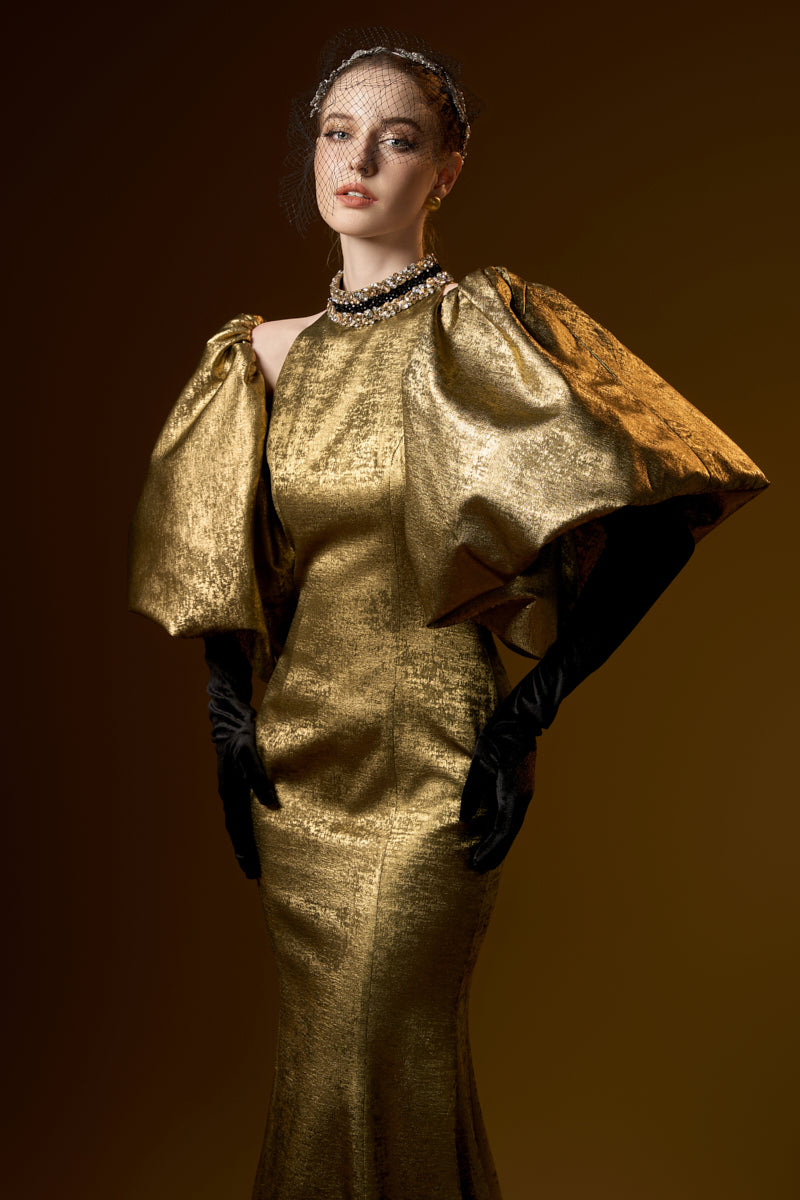 Turtleneck Collar Mermaid Gown With Puff Sleeves