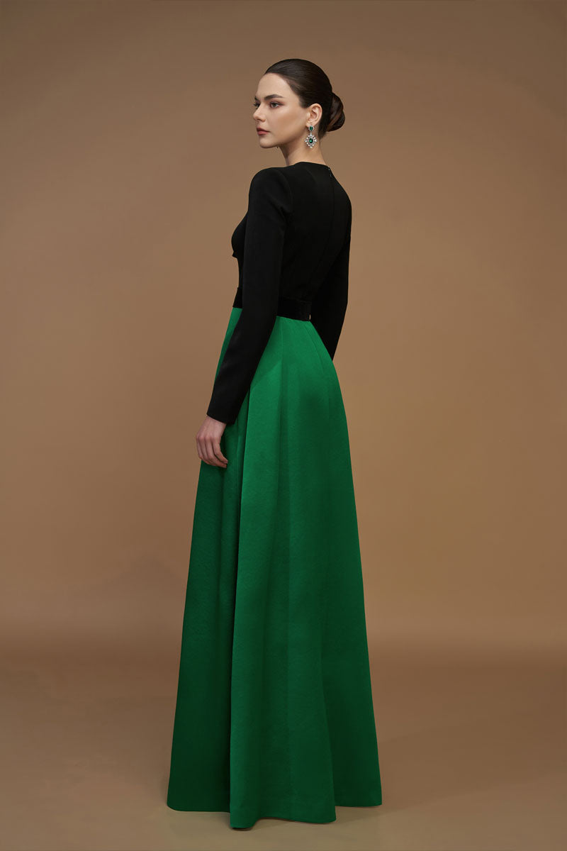 V-Cut Column A-line Gown With Long Sleeves In Black And Green
