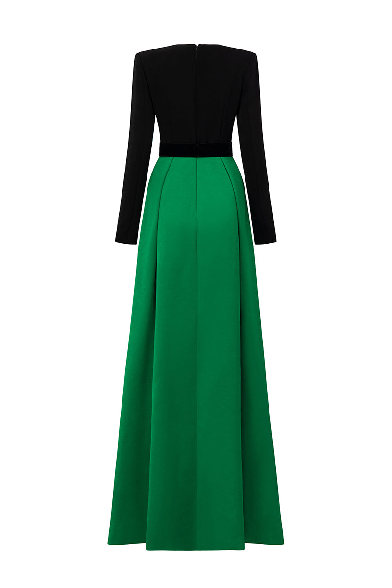 V-Cut Column A-line Gown With Long Sleeves In Black And Green