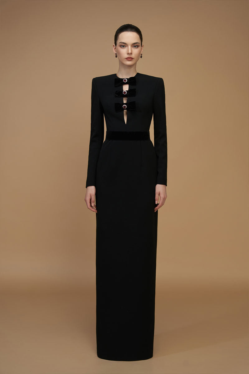 V-Cut Column Gown With Long Sleeves In Black
