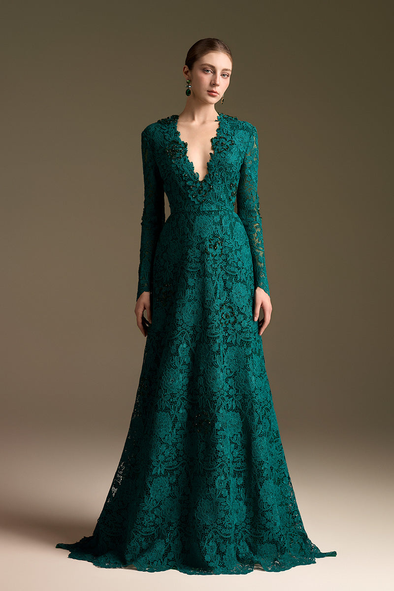 V-Neck A-Line Gown With Long Sleeves
