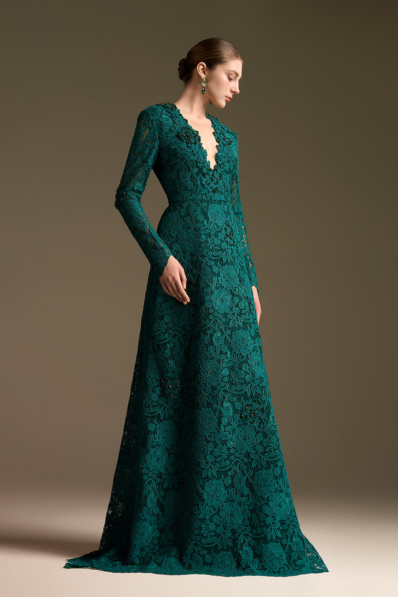 V-Neck A-Line Gown With Long Sleeves