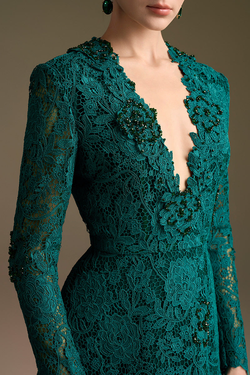 V-Neck A-Line Gown With Long Sleeves