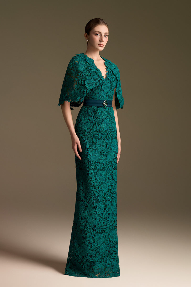 V-Neck Column Gown With Mini Cape Sleeves