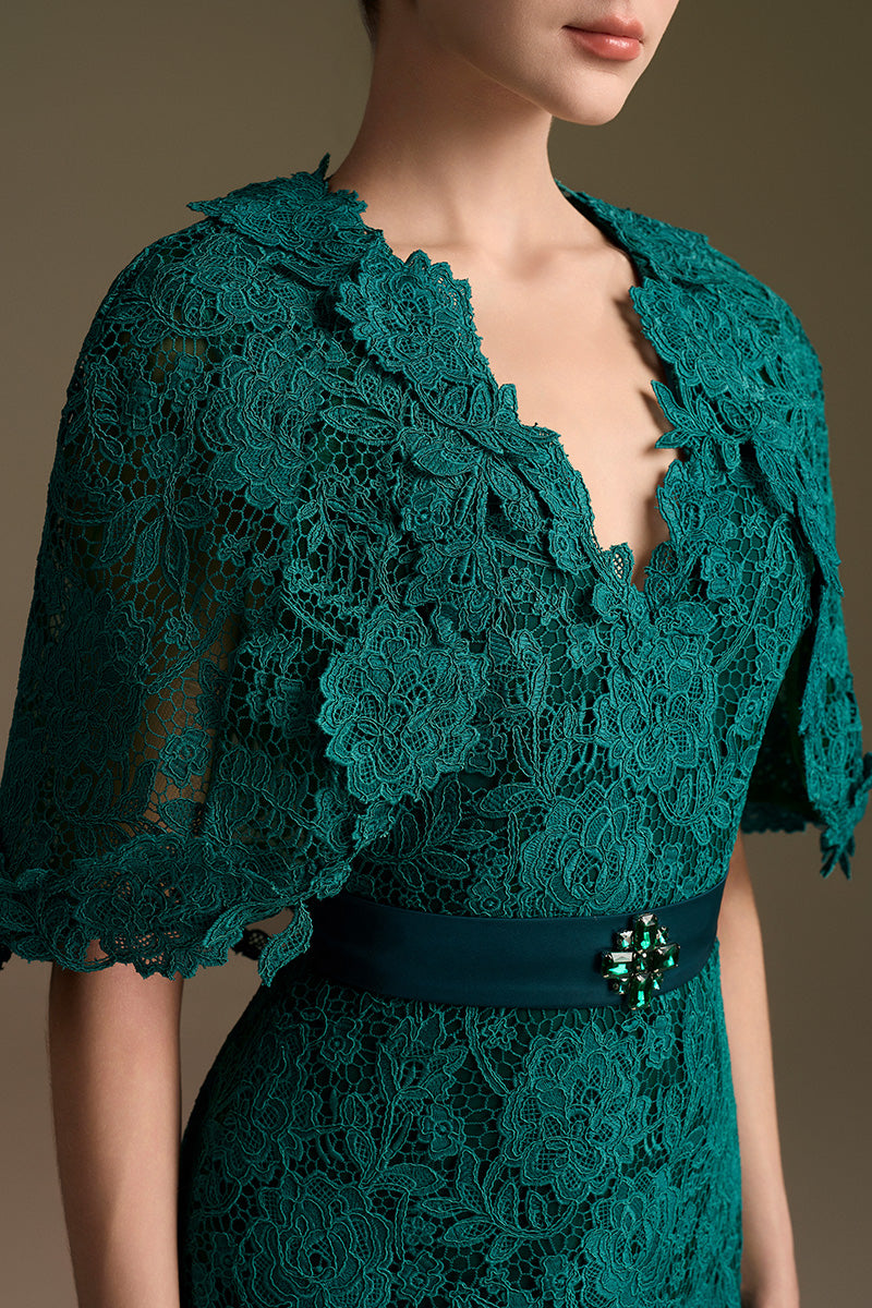 V-Neck Column Gown With Mini Cape Sleeves