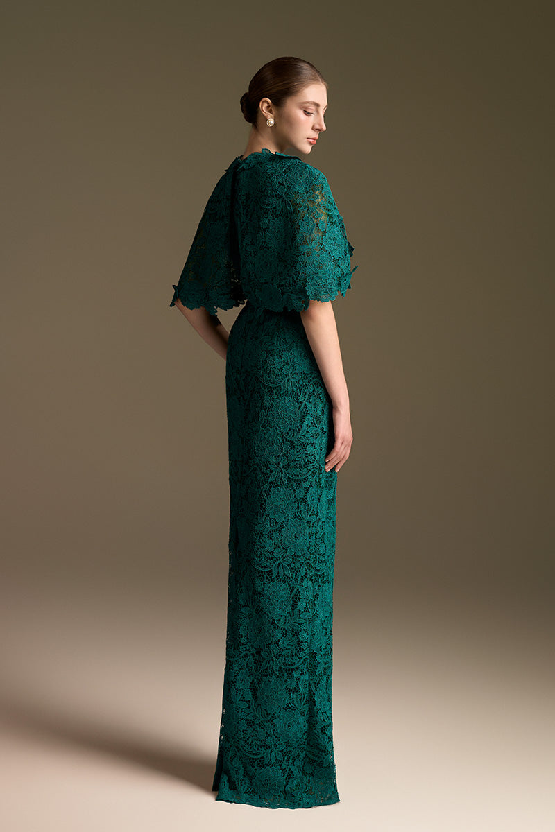 V-Neck Column Gown With Mini Cape Sleeves