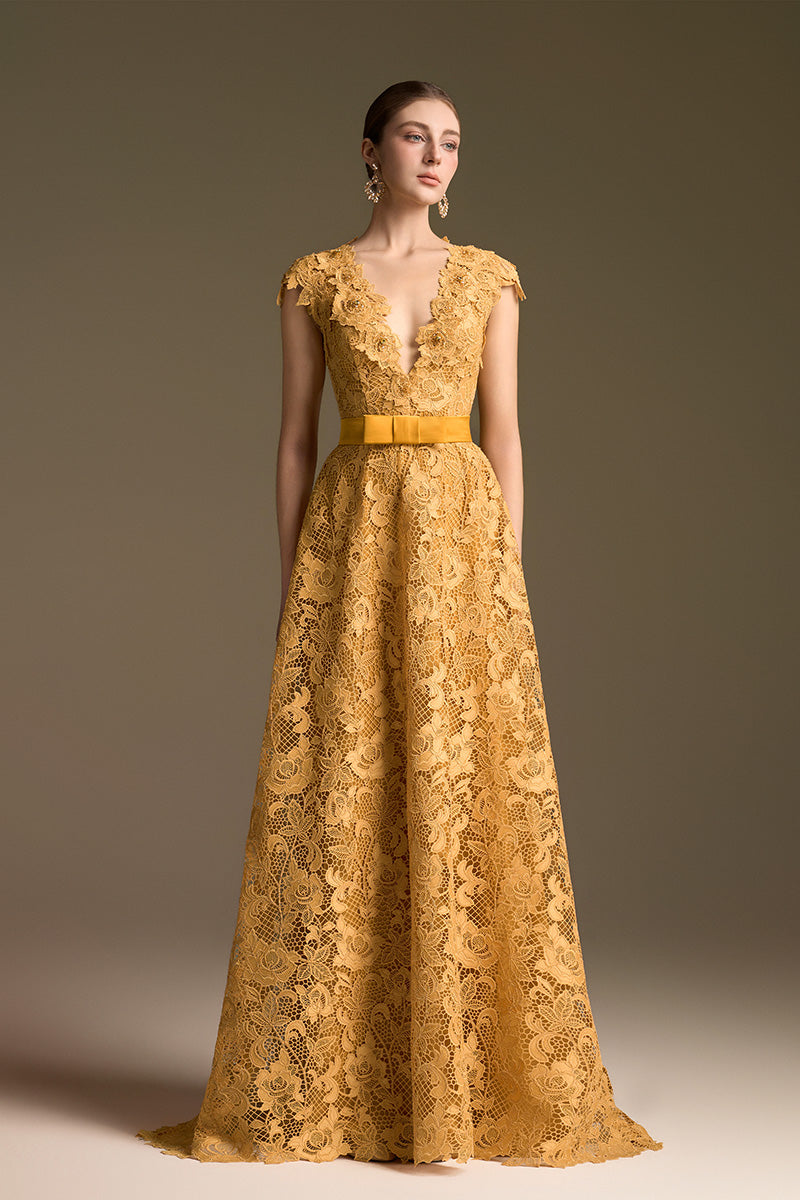 V-Neck Sleeveless A-Line Gown In Yellow Guipure Lace