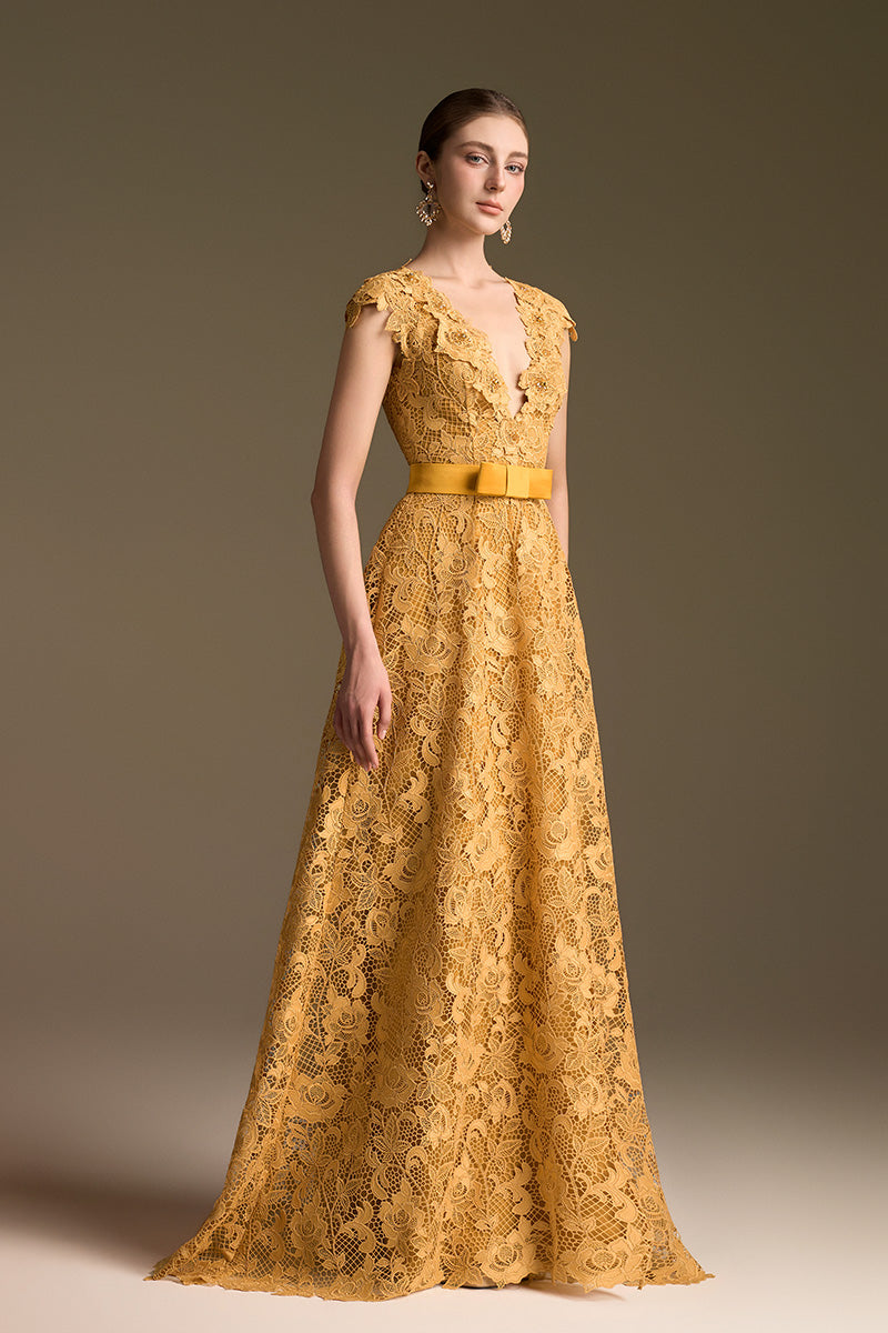 V-Neck Sleeveless A-Line Gown In Yellow Guipure Lace