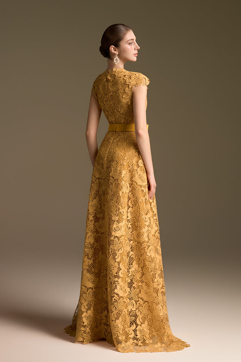 V-Neck Sleeveless A-Line Gown In Yellow Guipure Lace