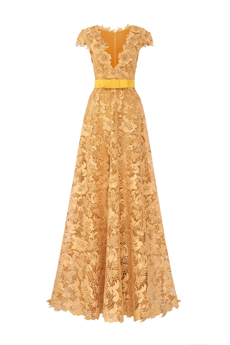 V-Neck Sleeveless A-Line Gown In Yellow Guipure Lace