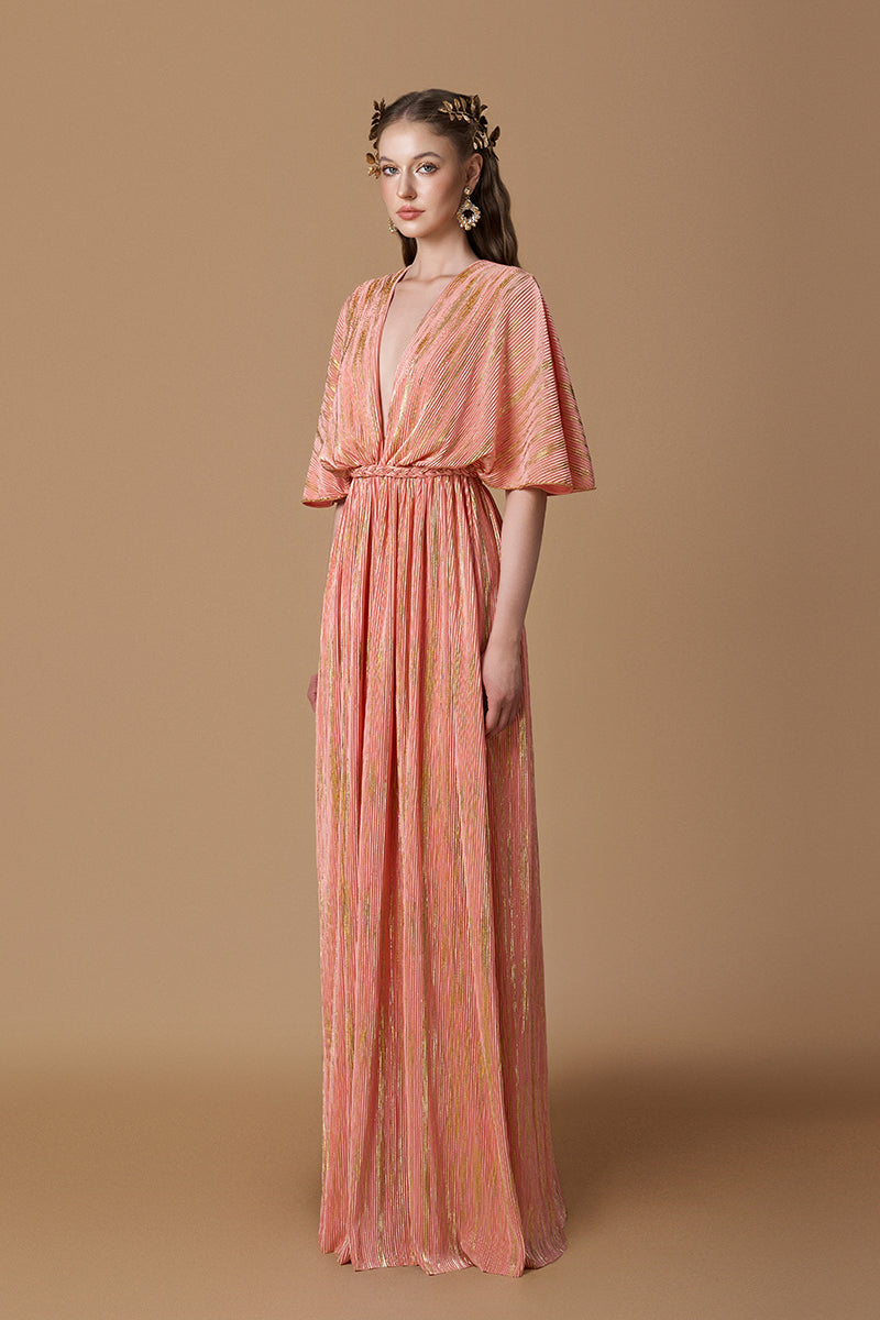 V-Neck A-Line Gown With Hand-Braided Belt In Pleated Peach Jersey