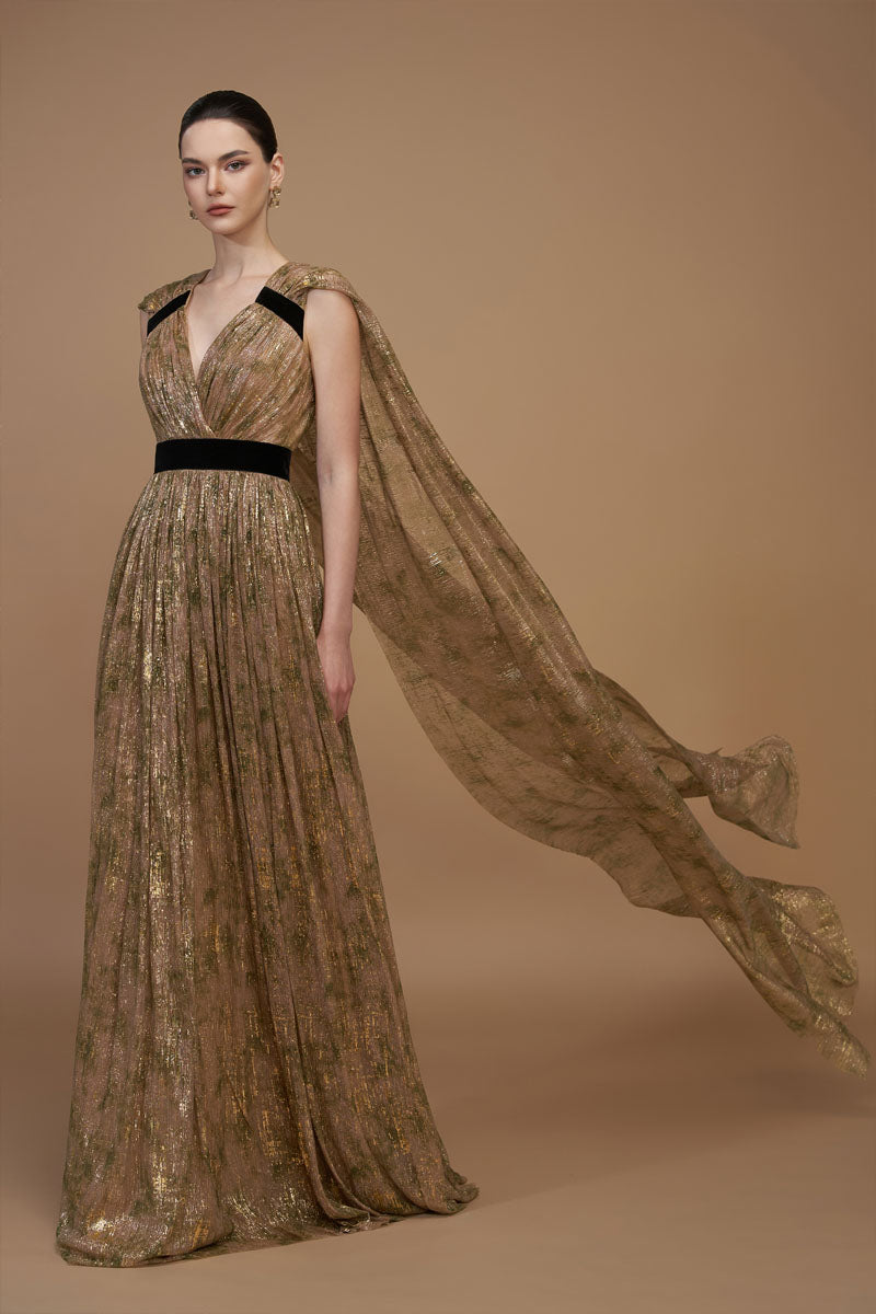 V-Neck A-Line Gown With Ruffle Back Train In Green Tie-Dyed Golden Chiffon