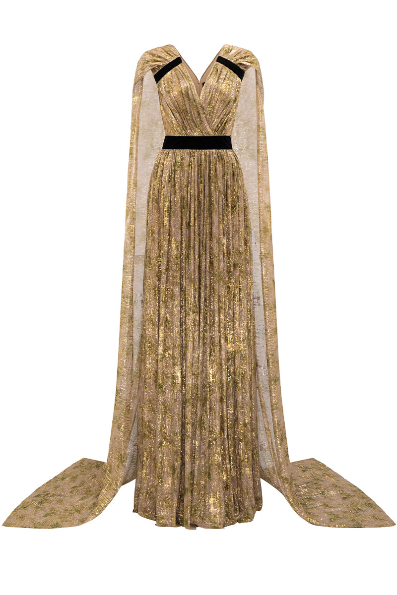 V-Neck A-Line Gown With Ruffle Back Train In Green Tie-Dyed Golden Chiffon