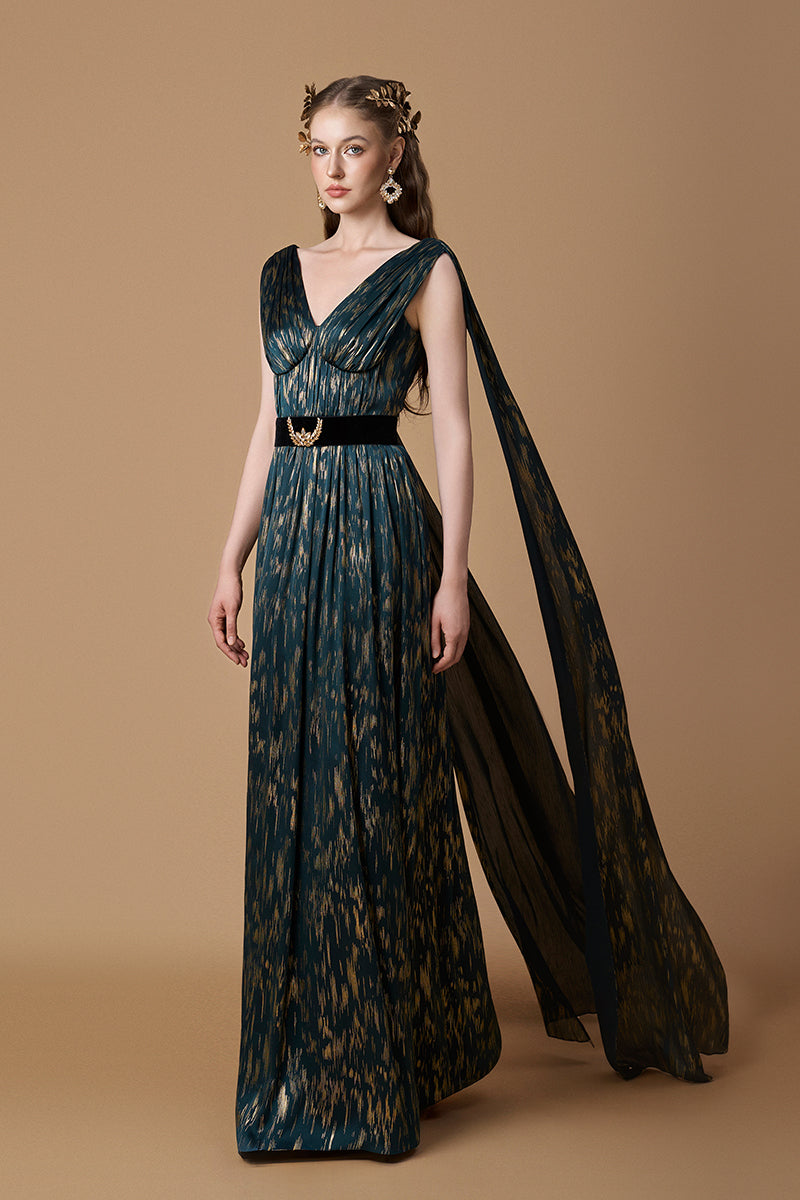 V-Neck A-line Gown With Long Back Train In Teal Metallic Striped Chiffon