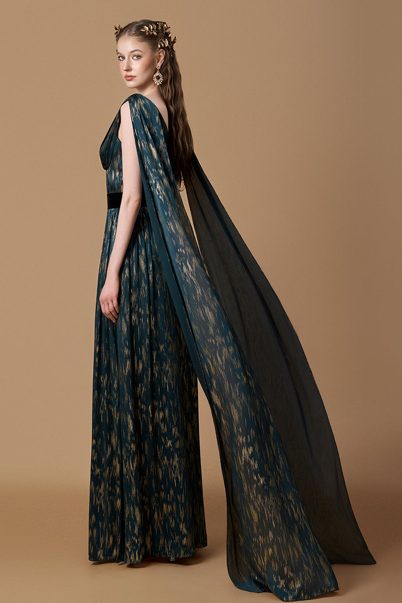 V-Neck A-line Gown With Long Back Train In Teal Metallic Striped Chiffon